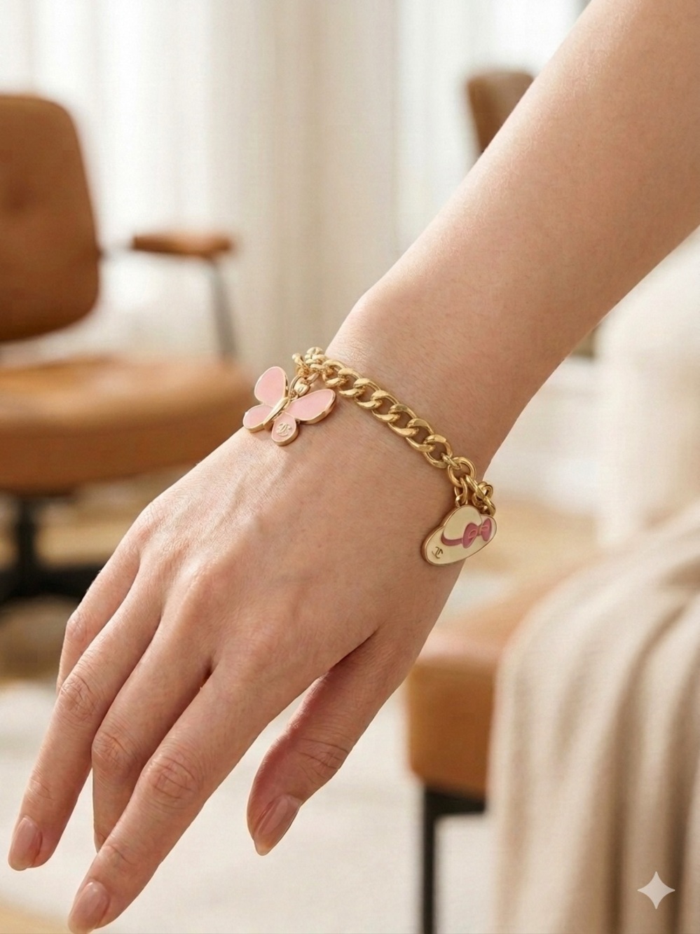 ChaneI Les Charms Pink Enamel Butterfly & Hat Gold-Tone Bracelet - Picture 2 of 7